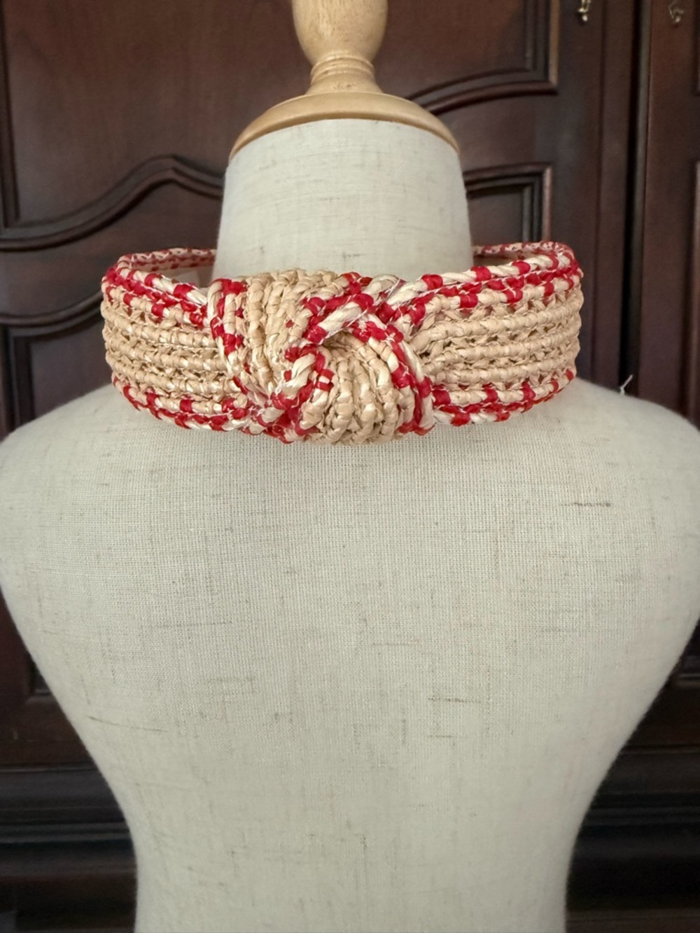 Maria Vincent Raffia Knot Headband Red Ivory Woven Coastal Resort Preppy